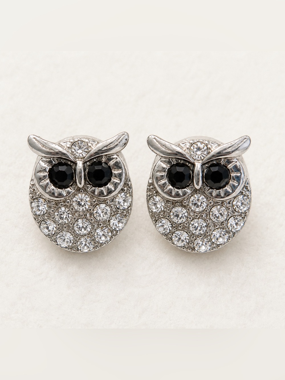Crystal Owl Stud Earrings - Silver and Black